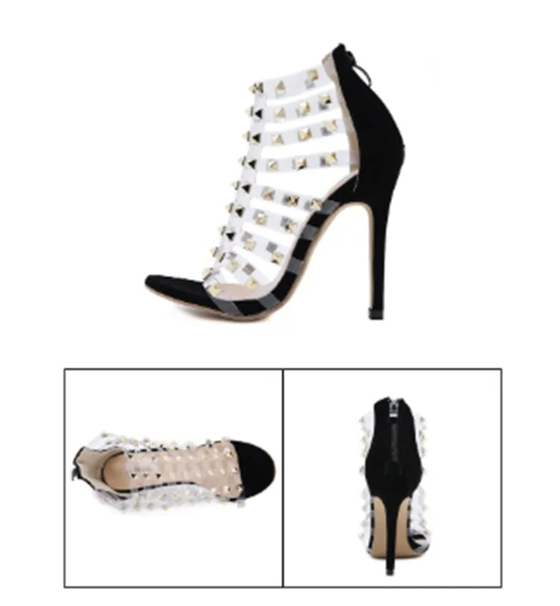 Roman style black transparent PVC high heel sandals with rivet hollow details and back zipper