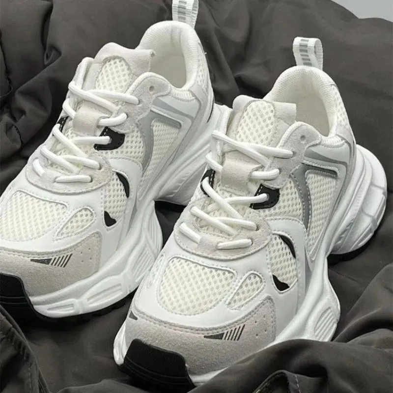 Beige mesh platform sports shoes with wedge heel, front lace-up design, and rubber sole