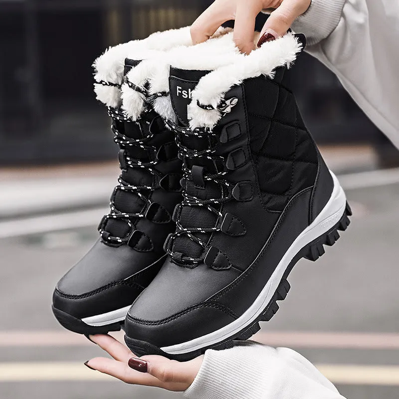 Women's fashion casual high-top snow boots in black with artificial PU upper and rubber sole