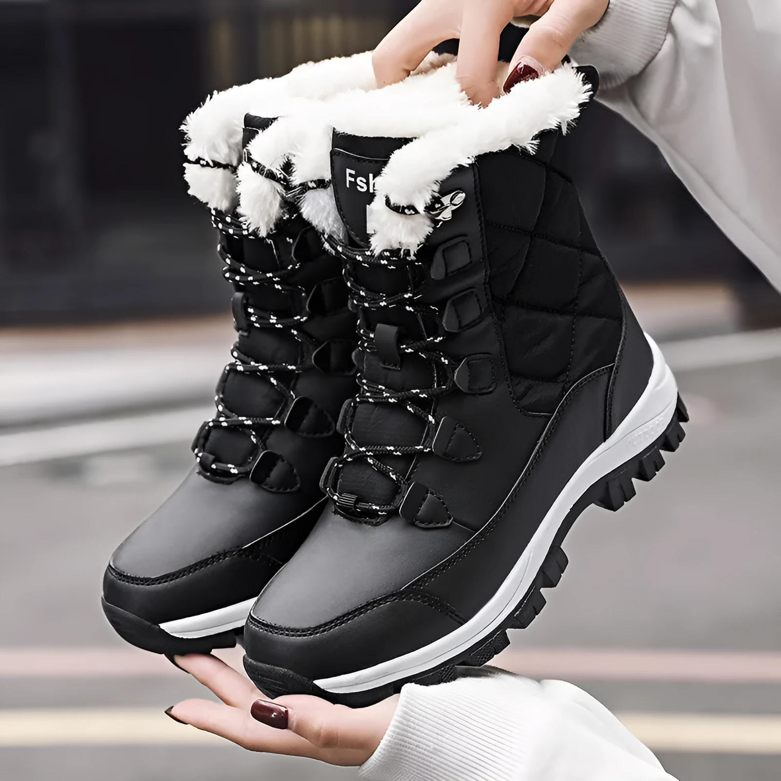 Women's fashion casual high-top snow boots in black with artificial PU upper and rubber sole