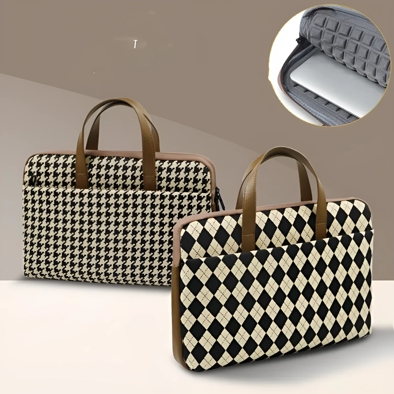 Diamond Lattice protective laptop sleeve with zip closure and leather handle for 13 inch notebook