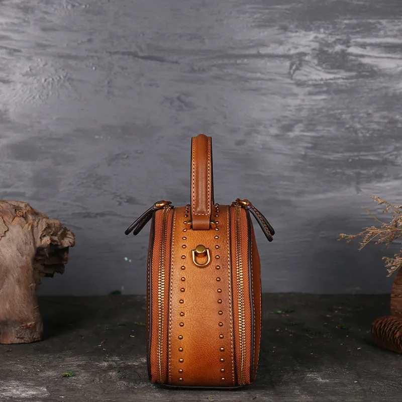 Vintage suede cowhide leather handbag showing interior organisation compartments