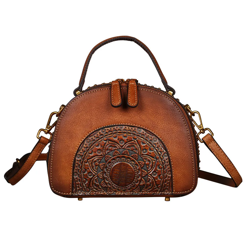 Vintage suede cowhide leather handbag showing interior organisation compartments
