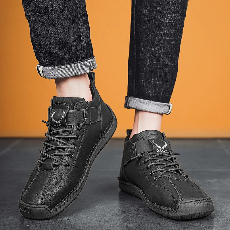 Men's casual velcro sneakers in black with microfiber upper and rubber sole, lace-up front and car stitching detail