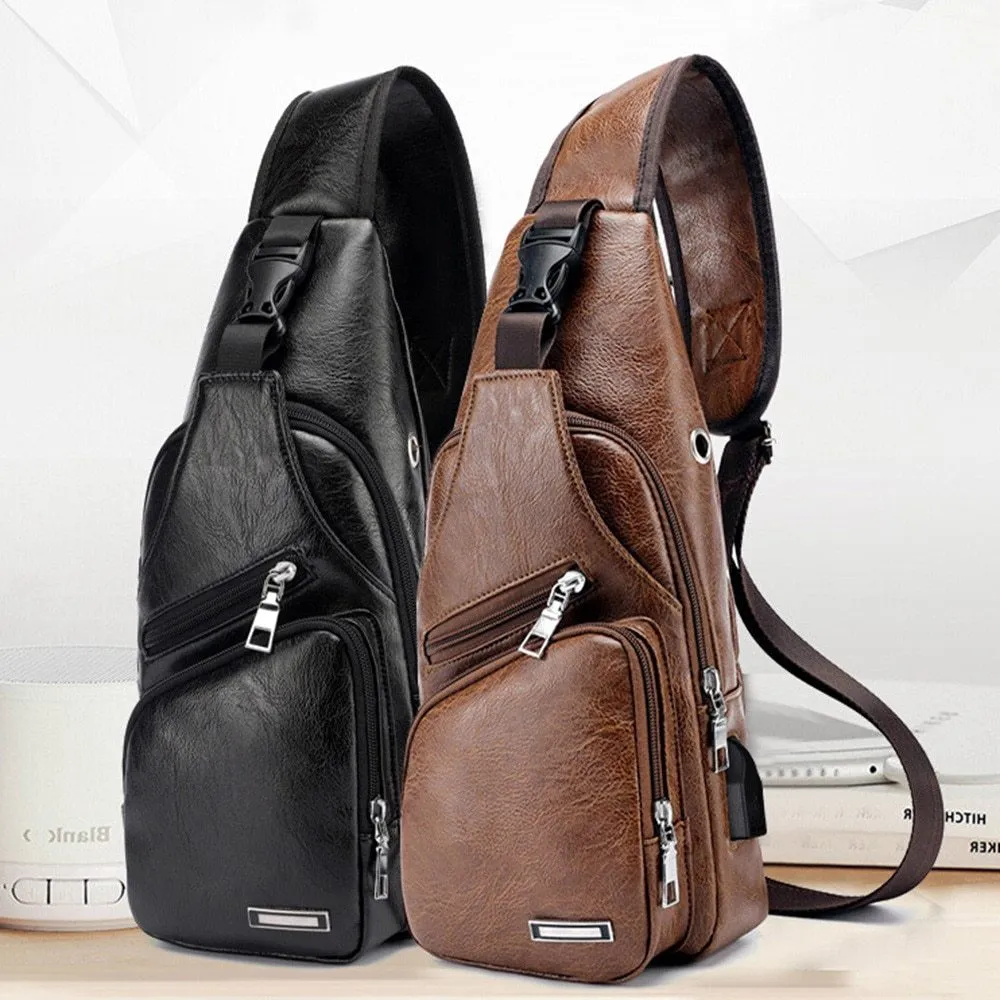 Waterproof one-shoulder messenger bag in black PU fabric, 17x35x6cm, with main and secondary pockets