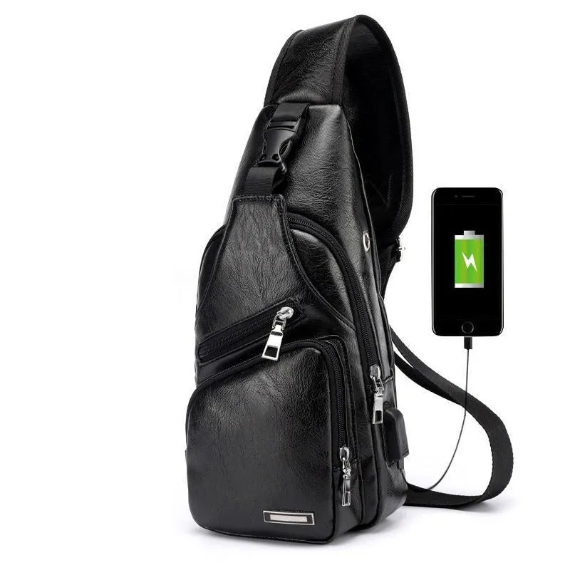 Waterproof one-shoulder messenger bag in black PU fabric, 17x35x6cm, with main and secondary pockets