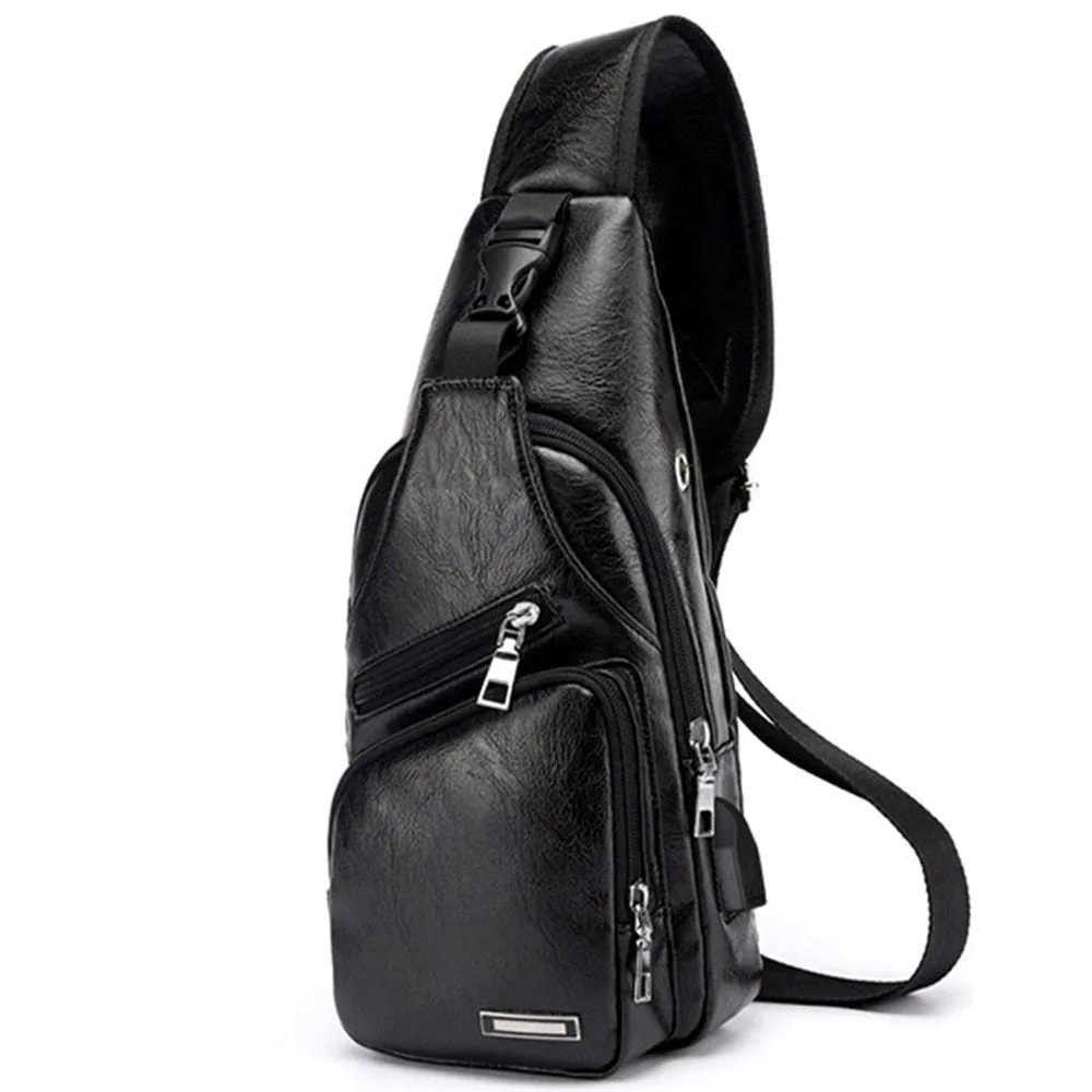 Waterproof one-shoulder messenger bag in black PU fabric, 17x35x6cm, with main and secondary pockets