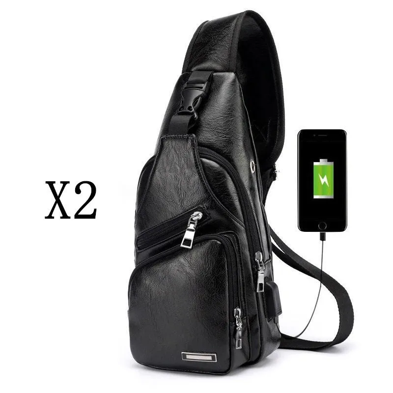 Waterproof one-shoulder messenger bag in black PU fabric, 17x35x6cm, with main and secondary pockets