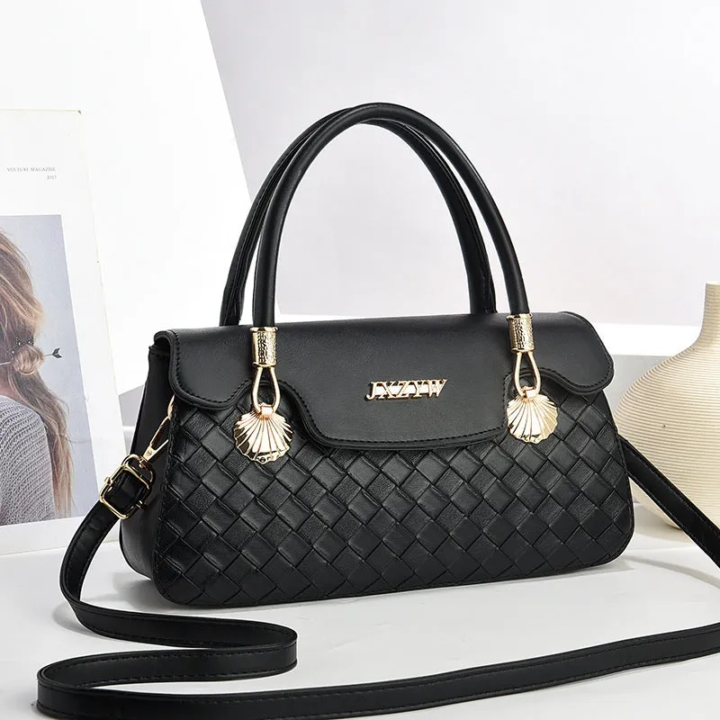 Women's cross-body handbag vintage letter-print PU leather medium 28x9x15cm brown colour front view