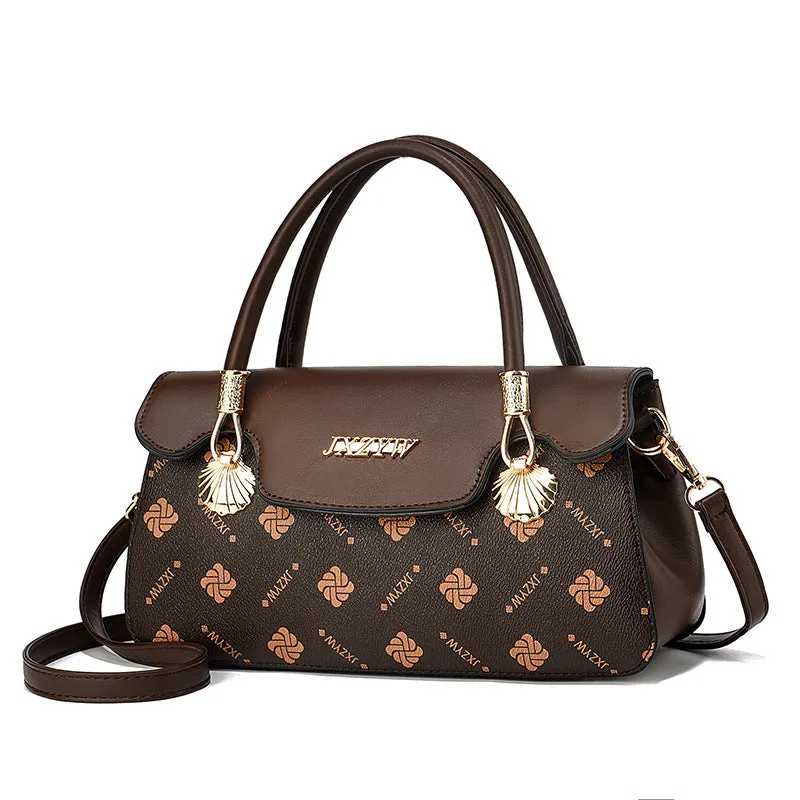 Women's cross-body handbag vintage letter-print PU leather medium 28x9x15cm brown colour front view