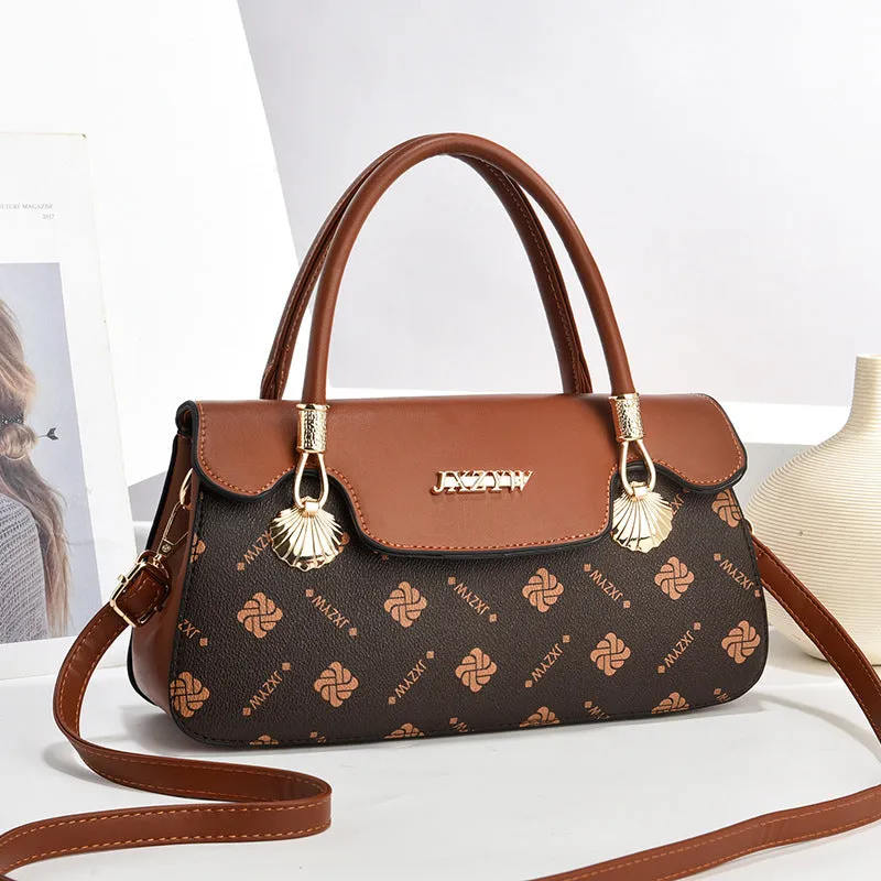 Women's cross-body handbag vintage letter-print PU leather medium 28x9x15cm brown colour front view
