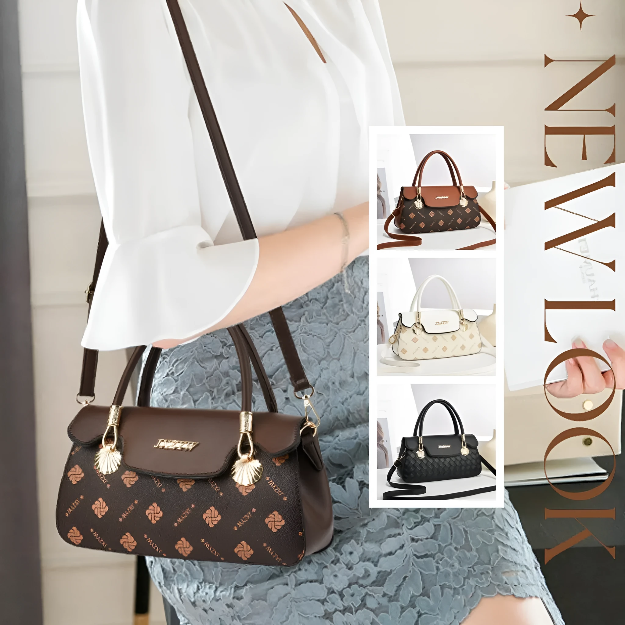 Women's cross-body handbag vintage letter-print PU leather medium 28x9x15cm brown colour front view