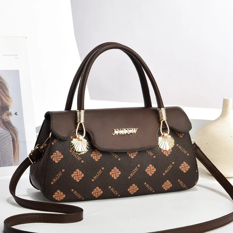 Women's cross-body handbag vintage letter-print PU leather medium 28x9x15cm brown colour front view