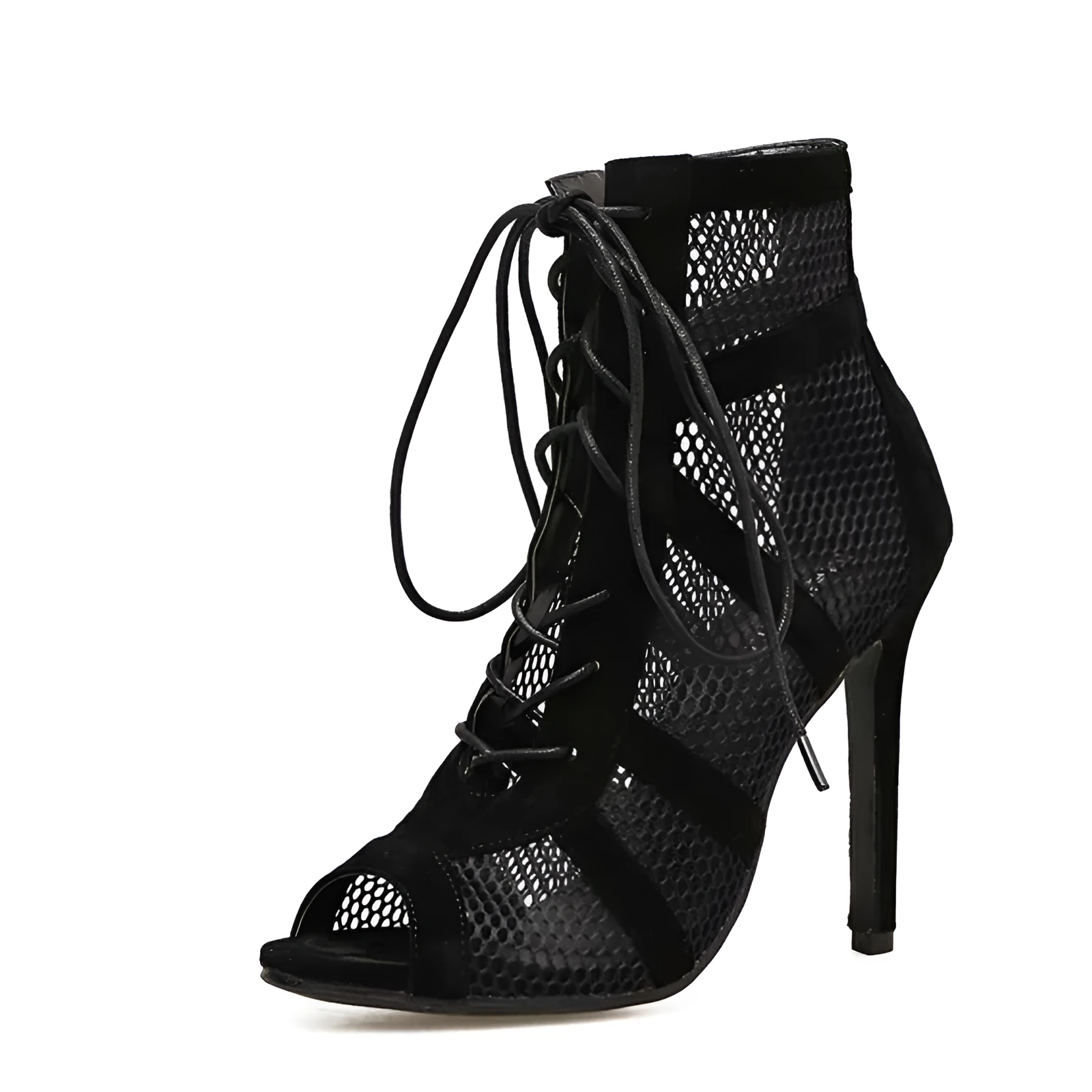 Black suede women's lace-up high heel shoes with 11.5 cm stiletto heel and adjustable ankle lacing