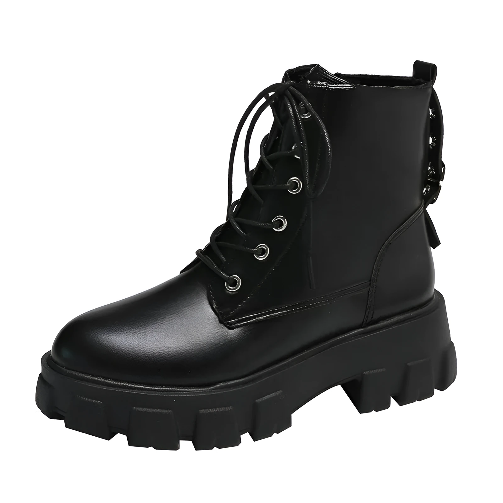 Women's Martin boots in artificial PU with belt buckle and lace front in black, size 38