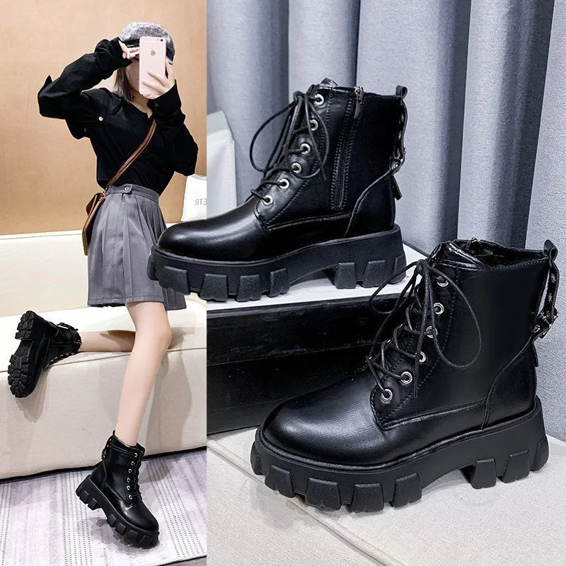 Women's Martin boots in artificial PU with belt buckle and lace front in black, size 38