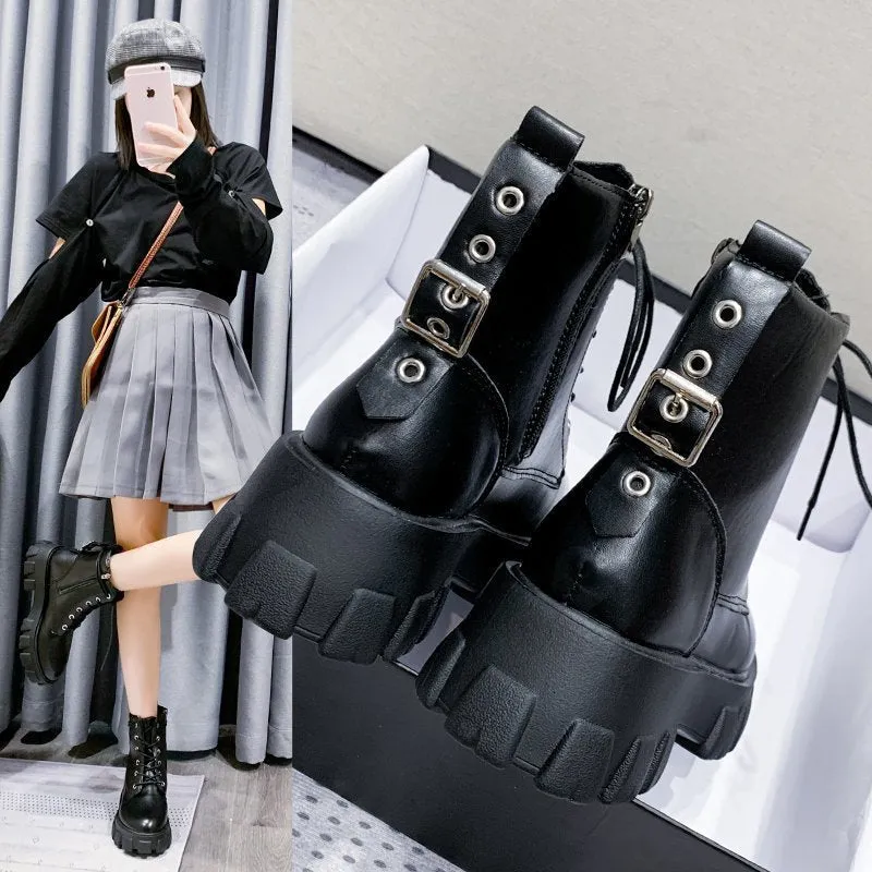 Women's Martin boots in artificial PU with belt buckle and lace front in black, size 38