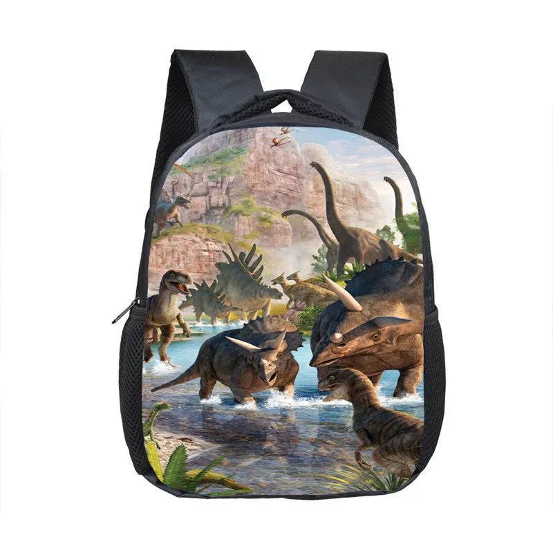 Cartoon dinosaur fashion kindergarten backpack for toddlers, 12-inch small polyester backpack with zipper pocket, breathable and waterproof
