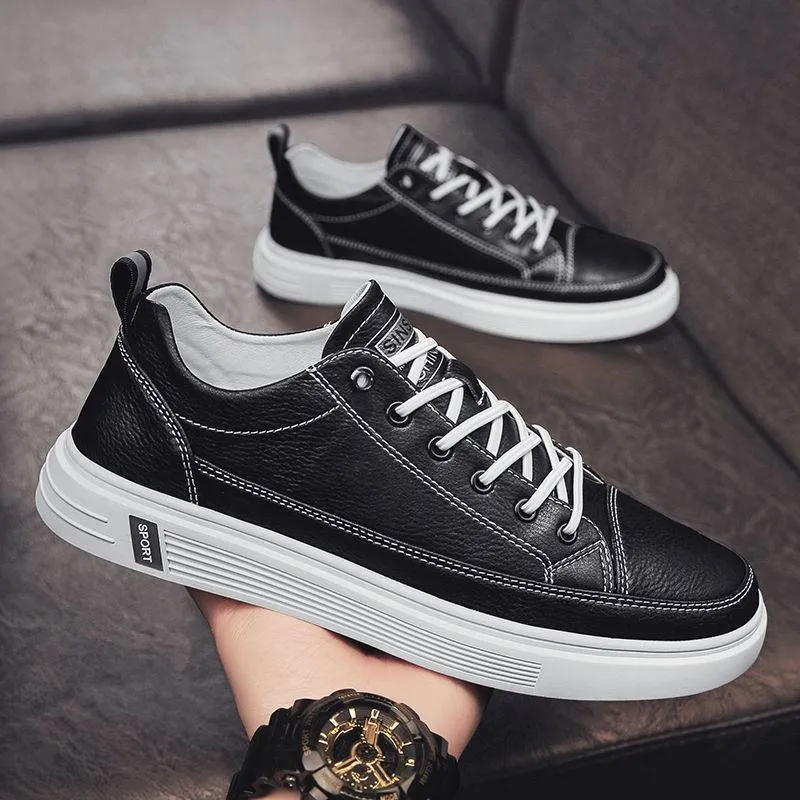 Men's white casual shoes with PU leather upper, round toe, and flat bottom low heel design
