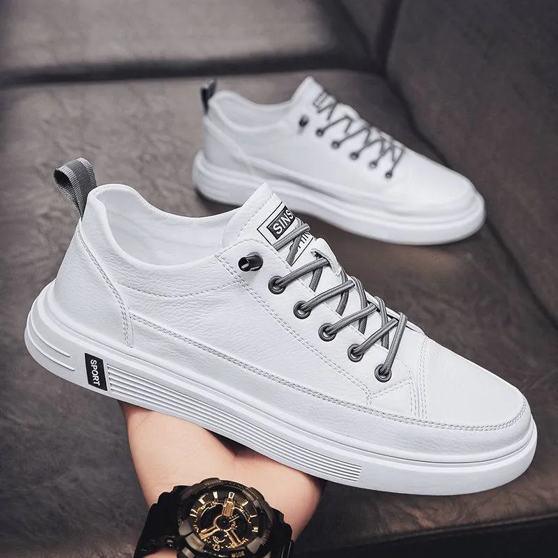 Men's white casual shoes with PU leather upper, round toe, and flat bottom low heel design