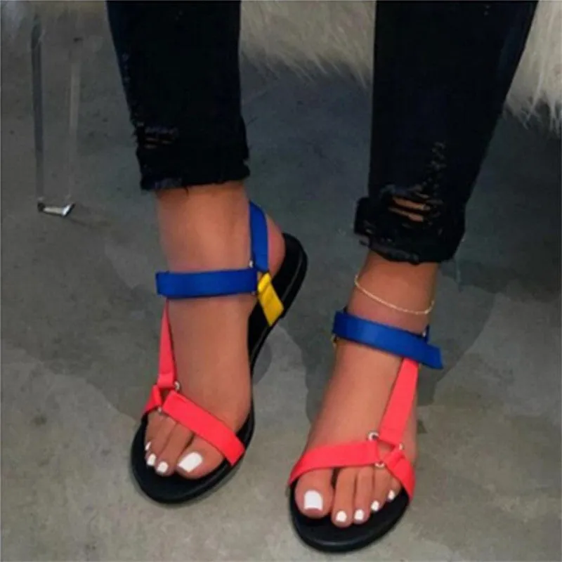 Flat women beach shoes slippers sandals with Velcro closure, frosted finish, plain pattern, viscose sole, imitation leather insole, sizes 35-43