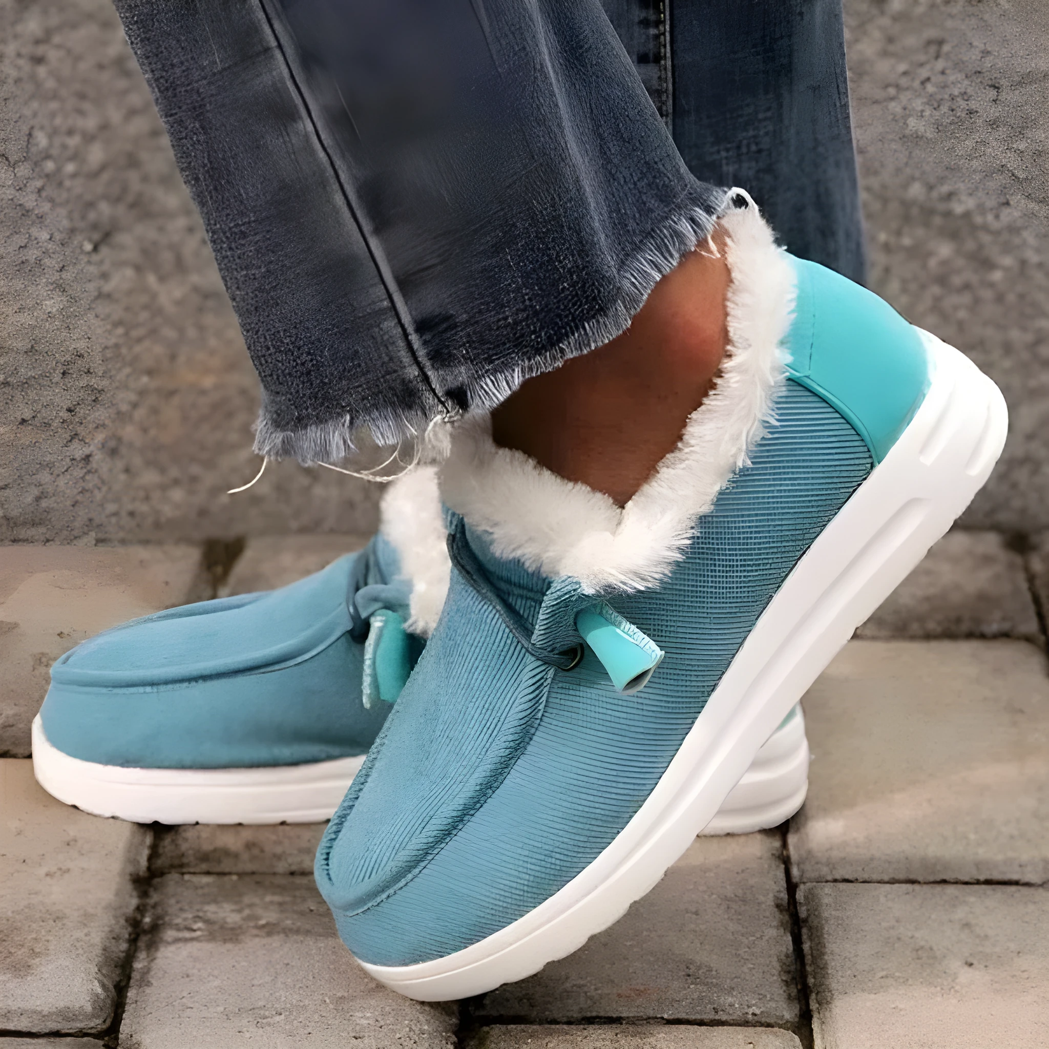 Women's winter snow boots with cotton upper and plush lining in grey, side view showing front-tie lacing and ankle height