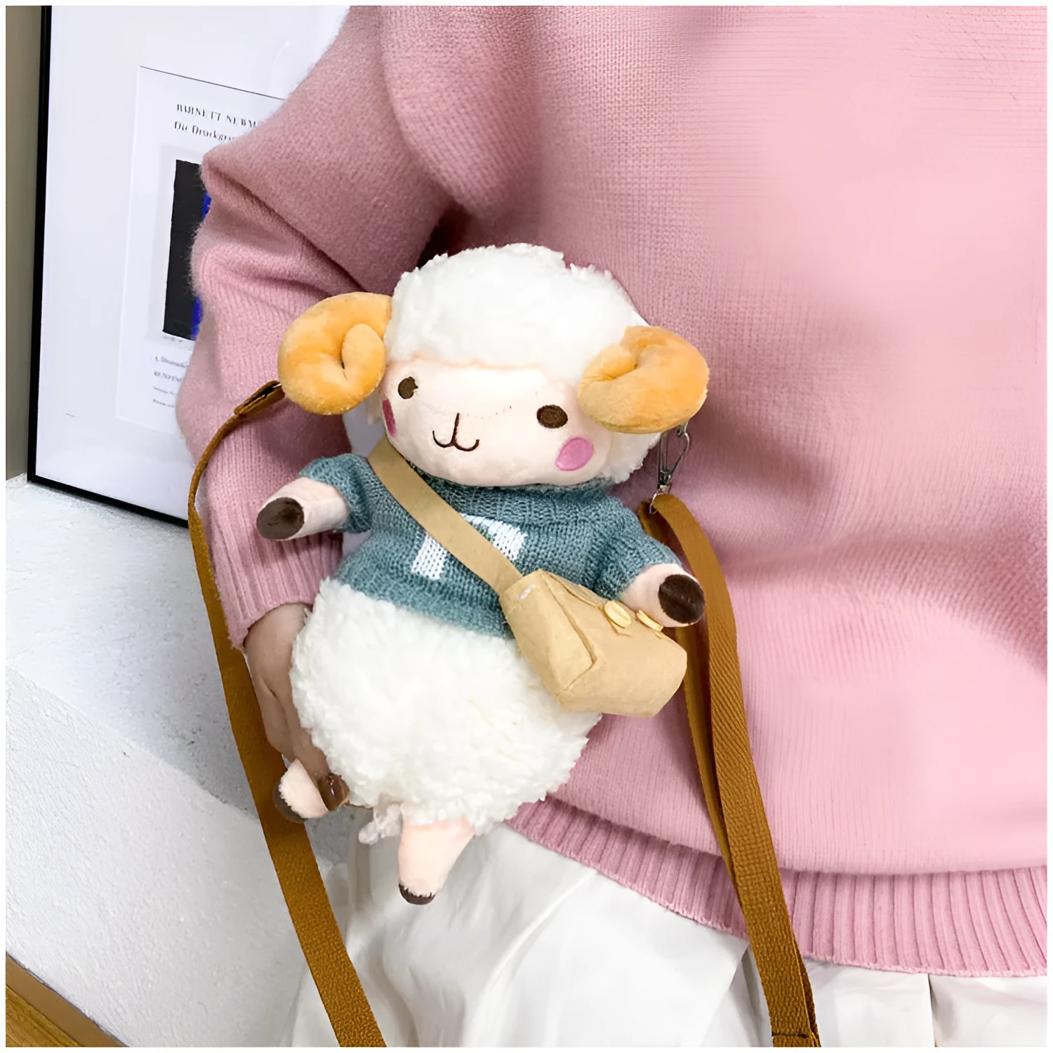 Little Sheep plush crossbody bag showing lamb pattern, square shape, and soft handle in blue colour