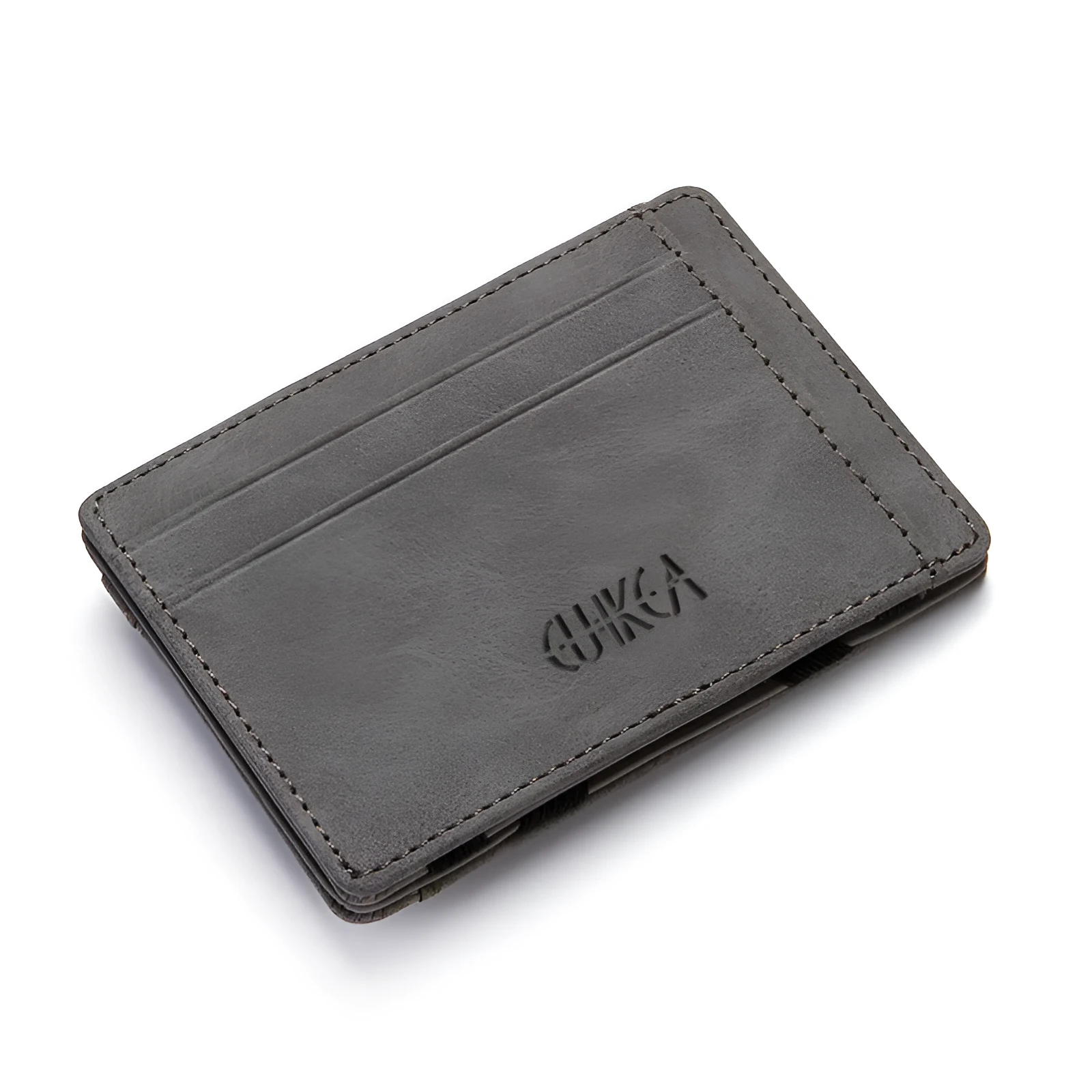 Men's slim matte PU leather magic wallet in black with 2-fold 4-card slots and compact 10.5cm length