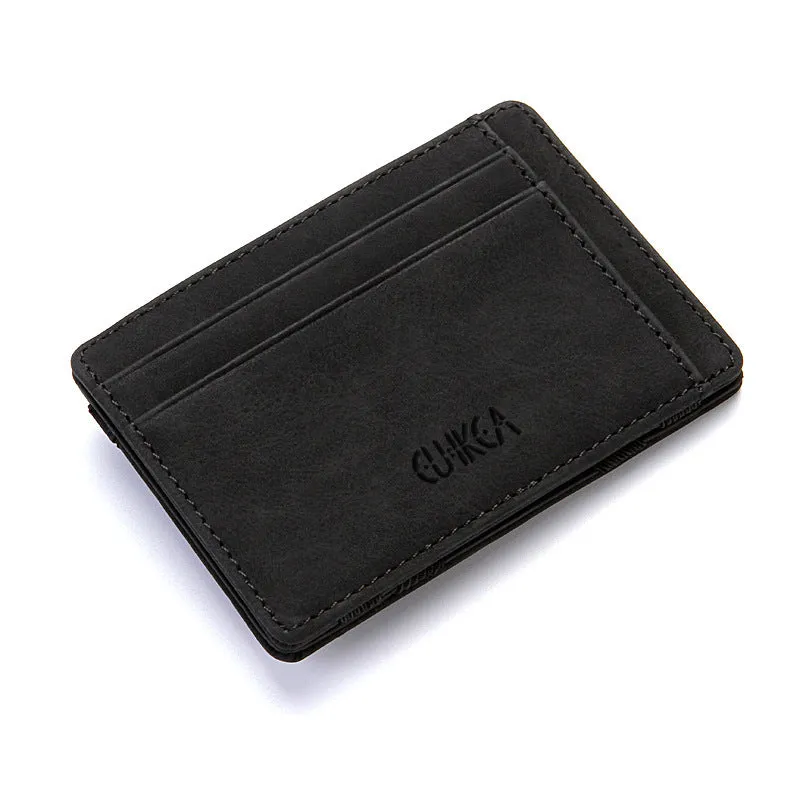Men's slim matte PU leather magic wallet in black with 2-fold 4-card slots and compact 10.5cm length