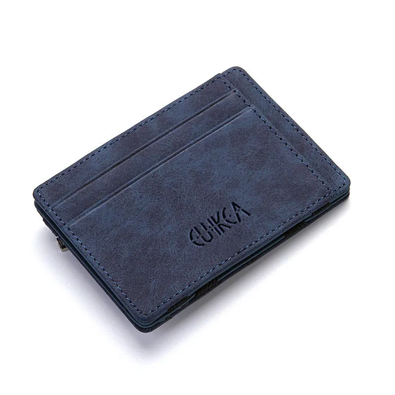 Men's slim matte PU leather magic wallet in black with 2-fold 4-card slots and compact 10.5cm length