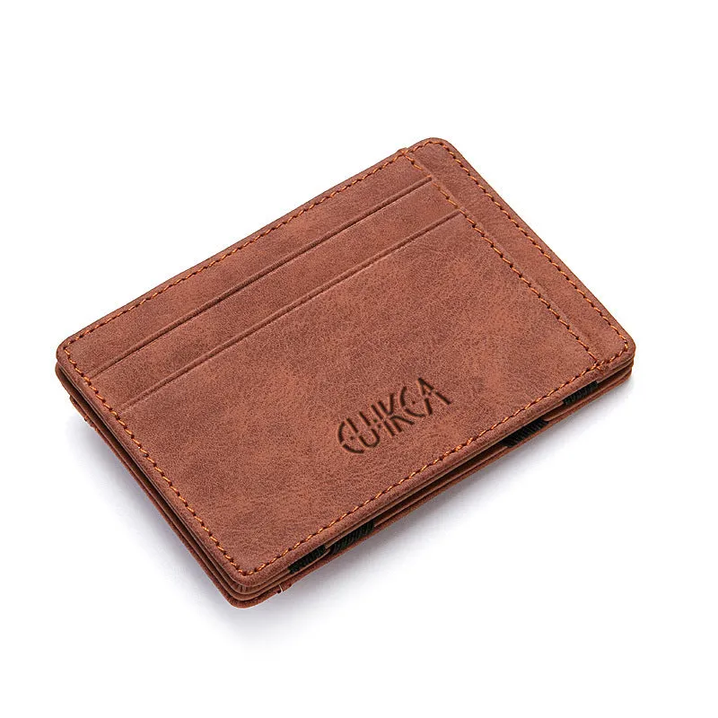 Men's slim matte PU leather magic wallet in black with 2-fold 4-card slots and compact 10.5cm length