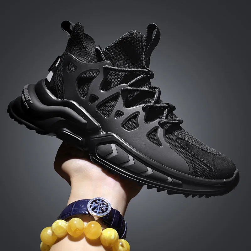 Men's black mesh athletic running shoes with thick EVA sole and lace-up closure