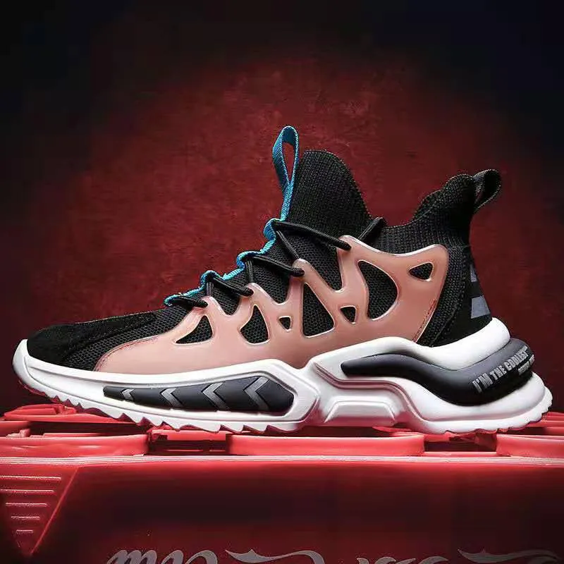 Men's black mesh athletic running shoes with thick EVA sole and lace-up closure