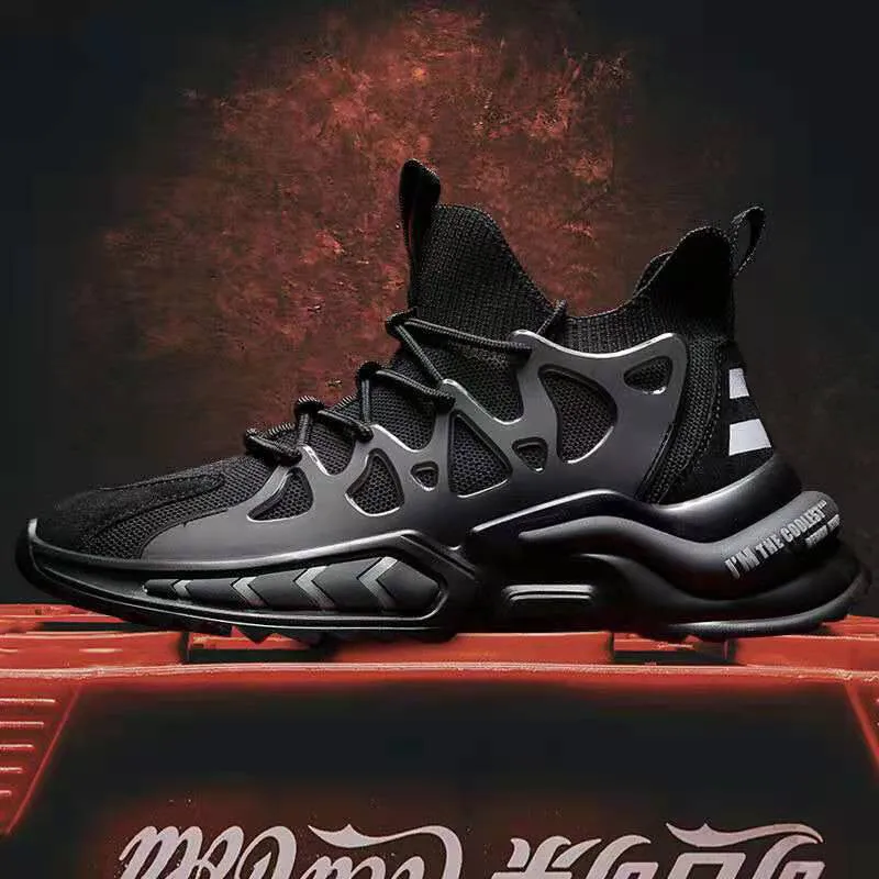 Men's black mesh athletic running shoes with thick EVA sole and lace-up closure