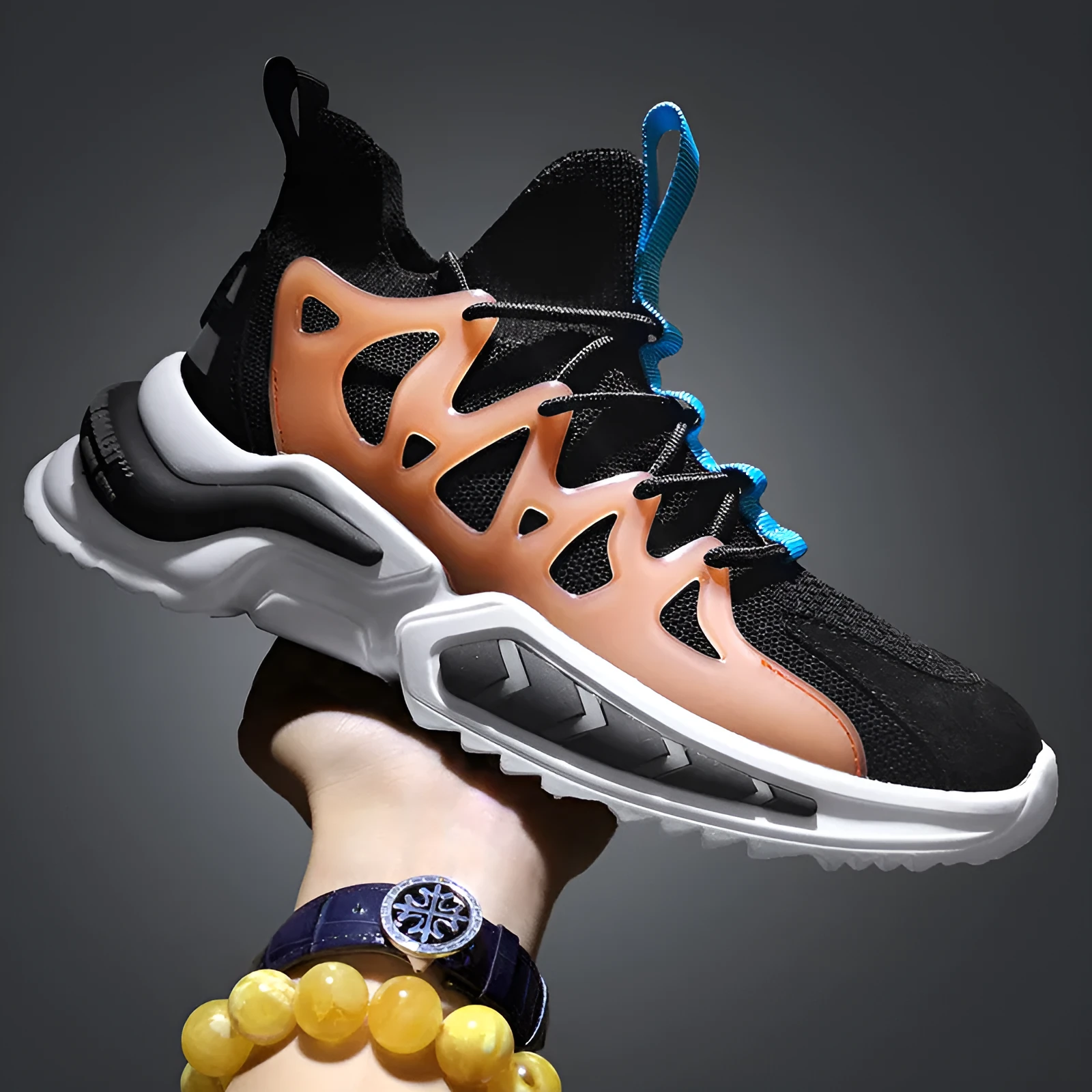 Men's black mesh athletic running shoes with thick EVA sole and lace-up closure