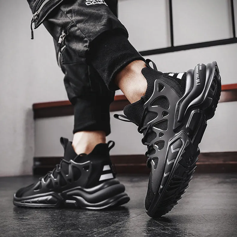 Men's black mesh athletic running shoes with thick EVA sole and lace-up closure