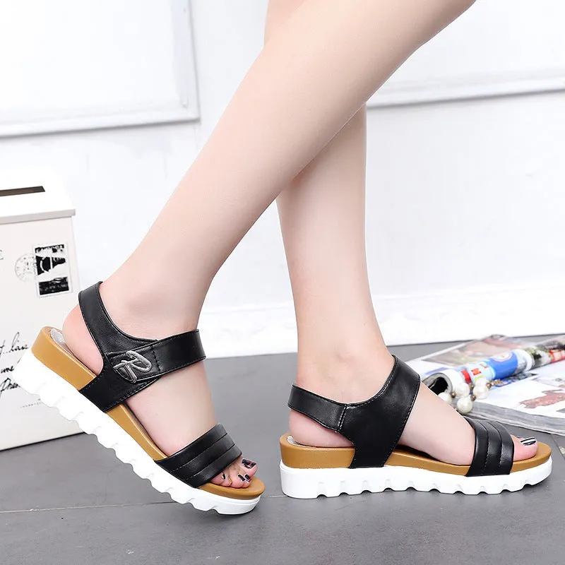 Women's white fish mouth wedge heel sandals with ankle strap on beach