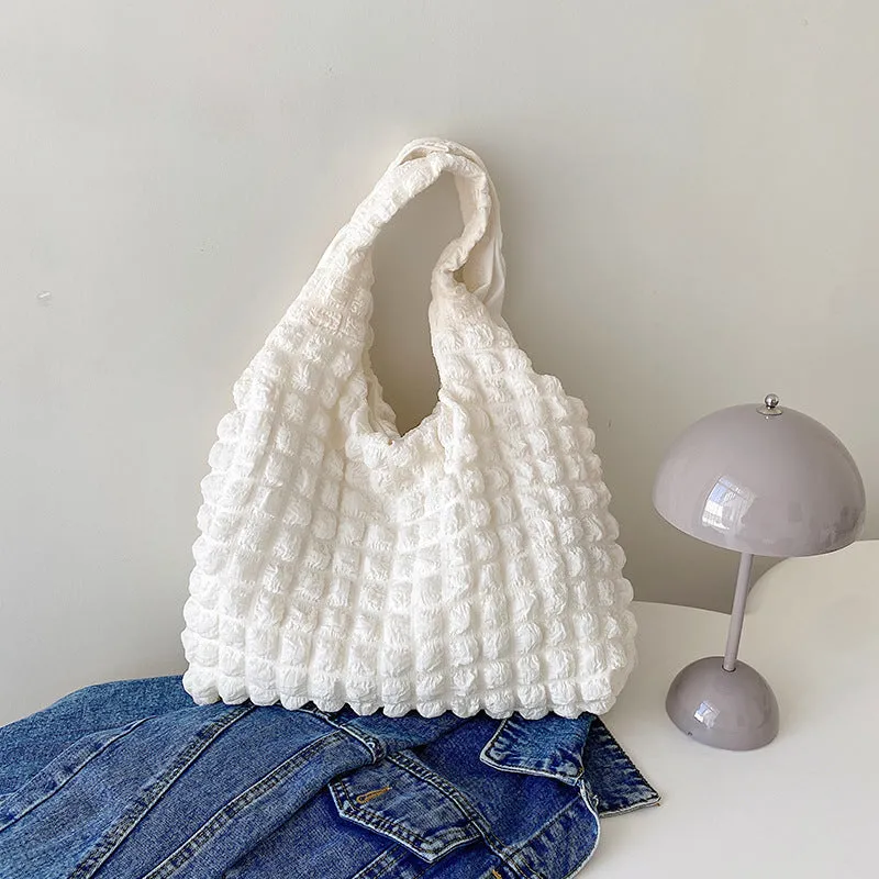 Cute pleated puff shoulder bag for women – canvas, solid colour, large capacity, top width 45cm, height 31cm