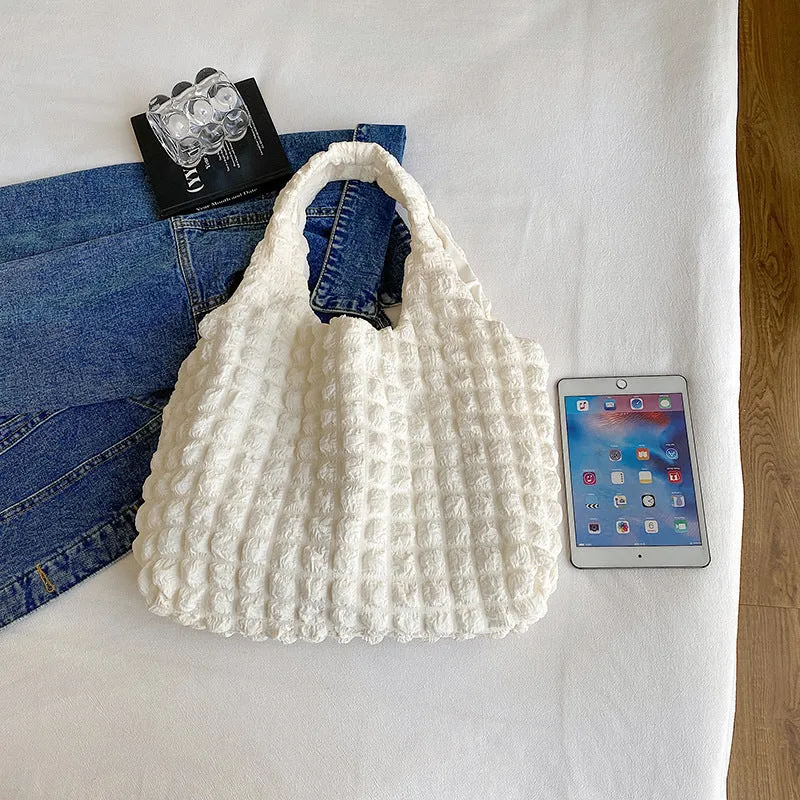 Cute pleated puff shoulder bag for women – canvas, solid colour, large capacity, top width 45cm, height 31cm