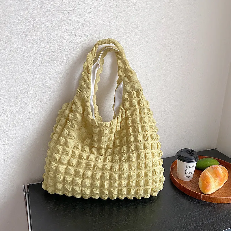 Cute pleated puff shoulder bag for women – canvas, solid colour, large capacity, top width 45cm, height 31cm