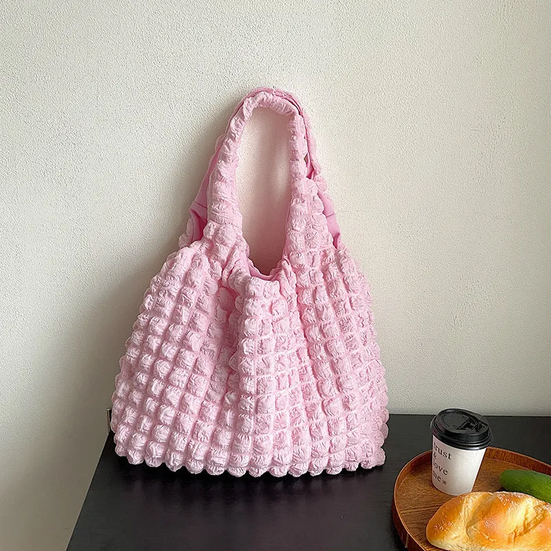 Cute pleated puff shoulder bag for women – canvas, solid colour, large capacity, top width 45cm, height 31cm