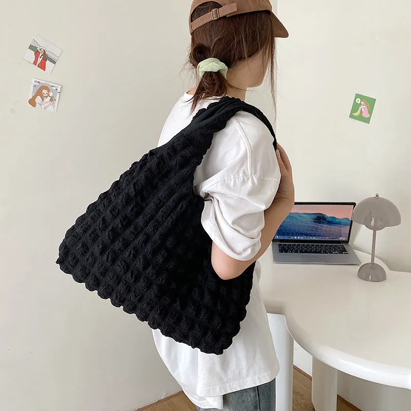 Cute pleated puff shoulder bag for women – canvas, solid colour, large capacity, top width 45cm, height 31cm