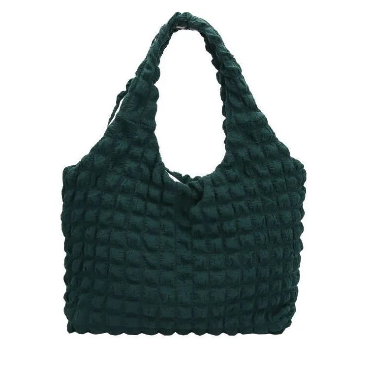 Cute pleated puff shoulder bag for women – canvas, solid colour, large capacity, top width 45cm, height 31cm