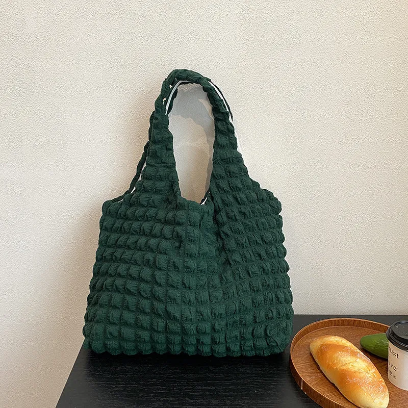 Cute pleated puff shoulder bag for women – canvas, solid colour, large capacity, top width 45cm, height 31cm