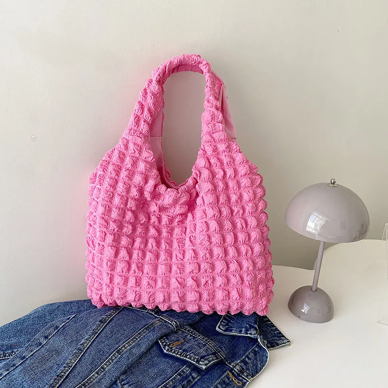Cute pleated puff shoulder bag for women – canvas, solid colour, large capacity, top width 45cm, height 31cm