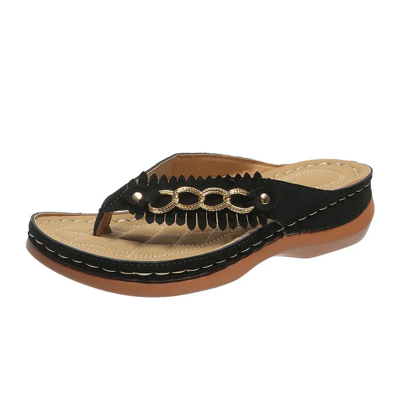 Women's anti-slip wedge sandals with chain detail in black, dark brown, and red on a light background