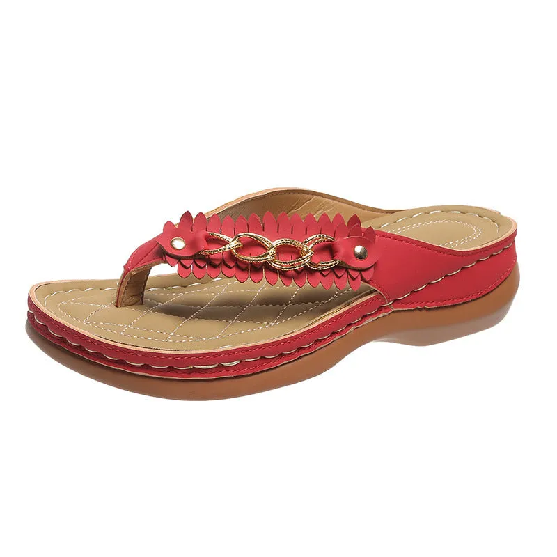 Women's anti-slip wedge sandals with chain detail in black, dark brown, and red on a light background