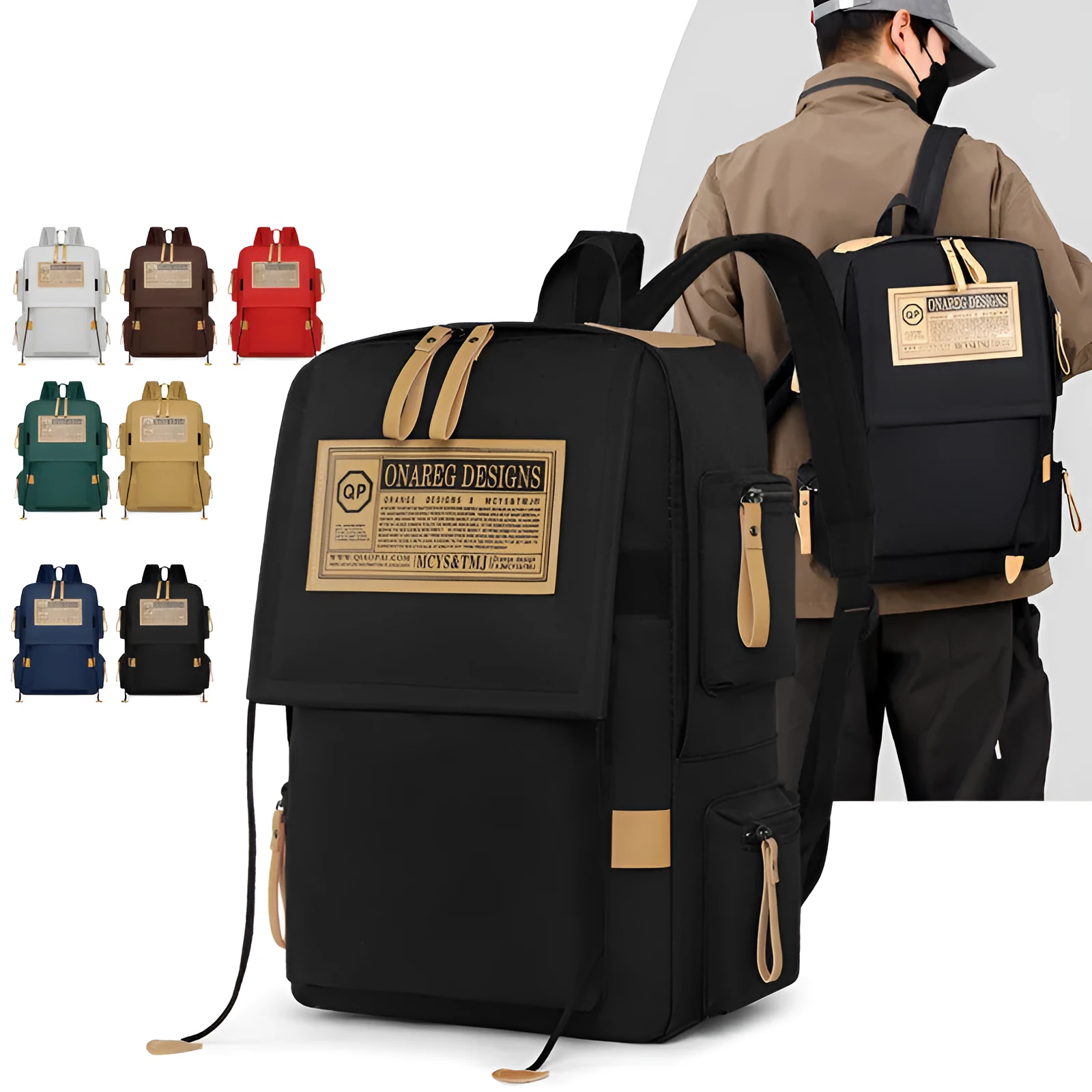 Ins fashion multi-pocket large capacity backpack in waterproof oxford cloth, available in several colours