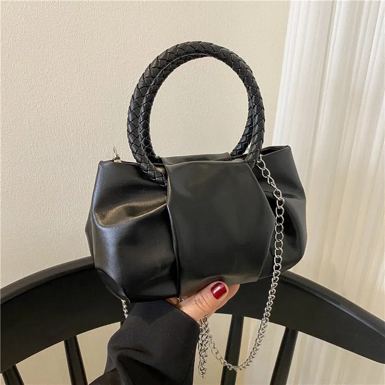 Portable cloud underarm pleated tote chain crossbody bag in small horizontal square PU leather design