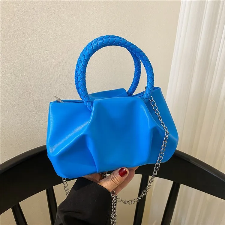 Portable cloud underarm pleated tote chain crossbody bag in small horizontal square PU leather design